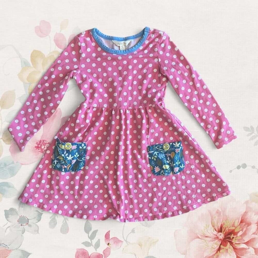 Matilda Jane Girls 4T Pink Polka Dot Dress with Blue Patch Pockets